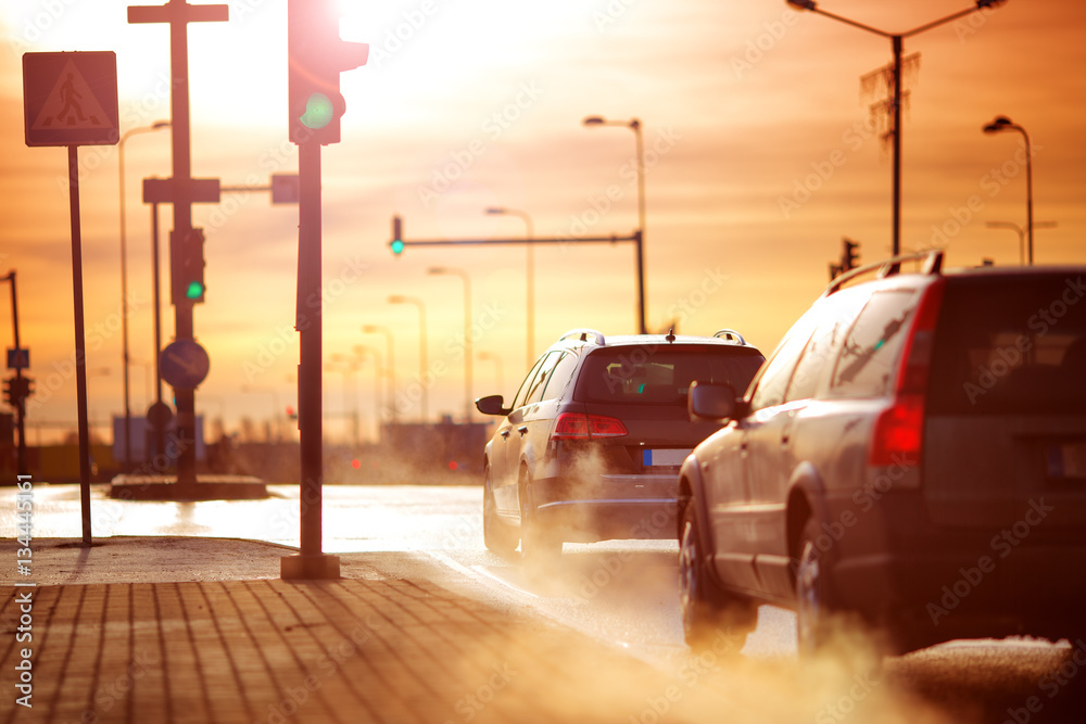 清晨，汽车在城市的道路上行驶。用红绿灯和交通灯观察交通