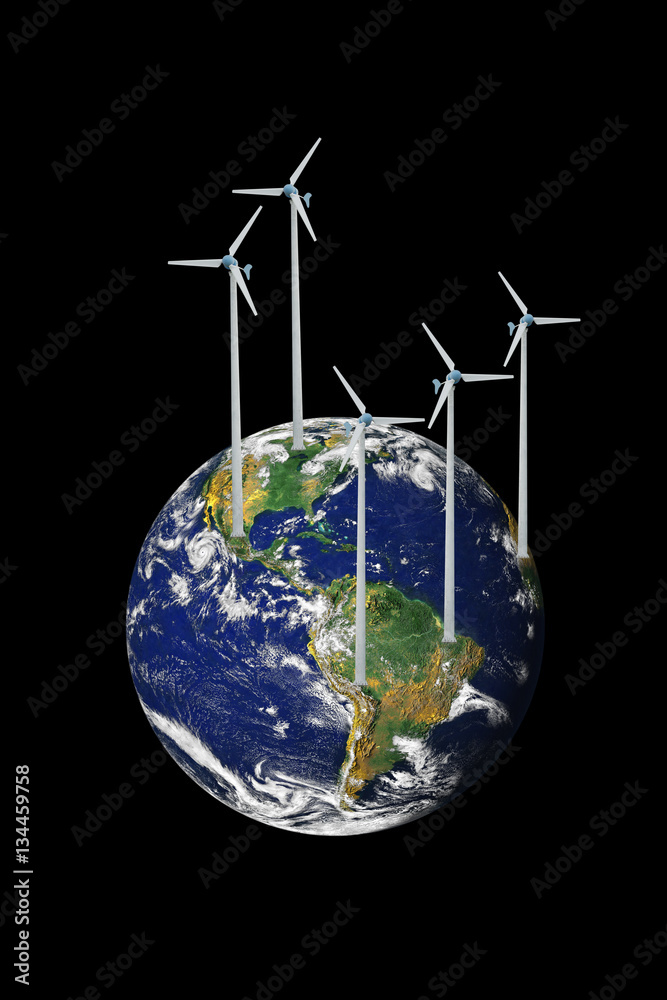 Wind Turbine in the world on black background. conceptual image. The Planet Earth original image fro