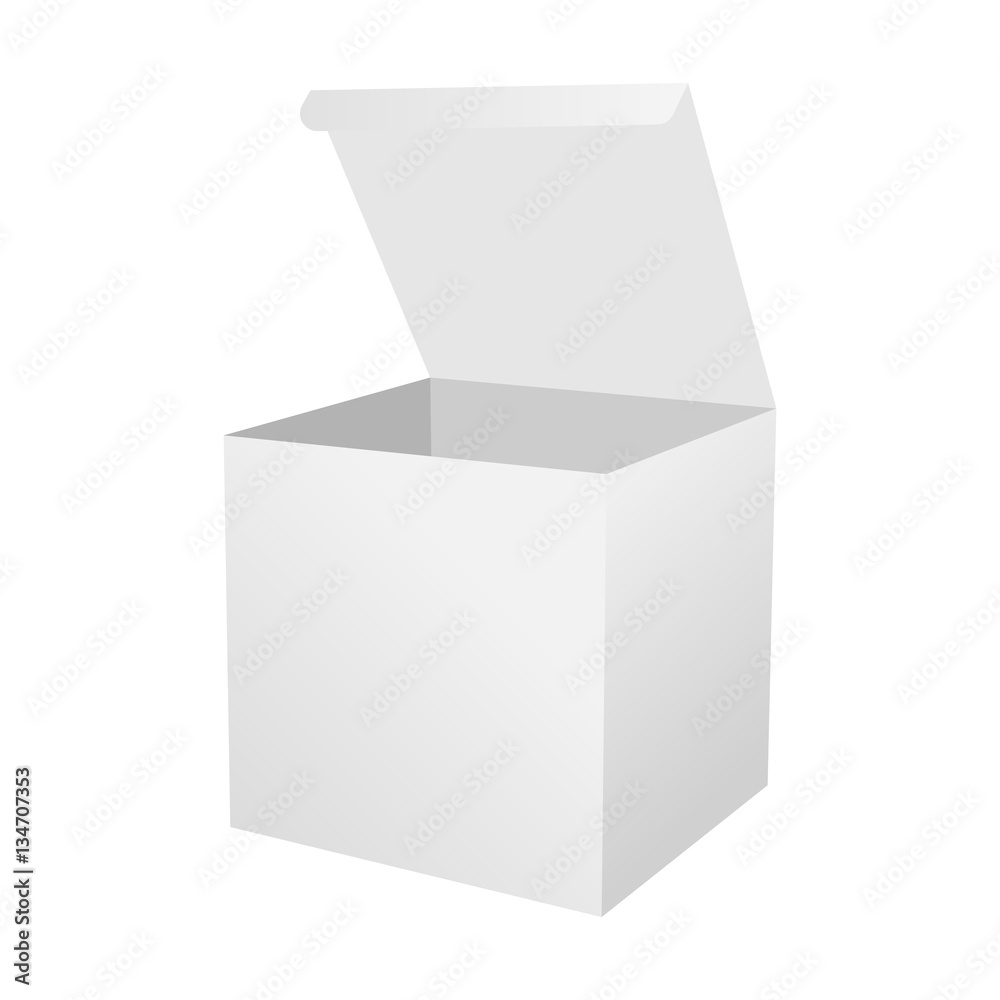 White square box with lid. White open box with cover. Mockup for design. Vector illustration