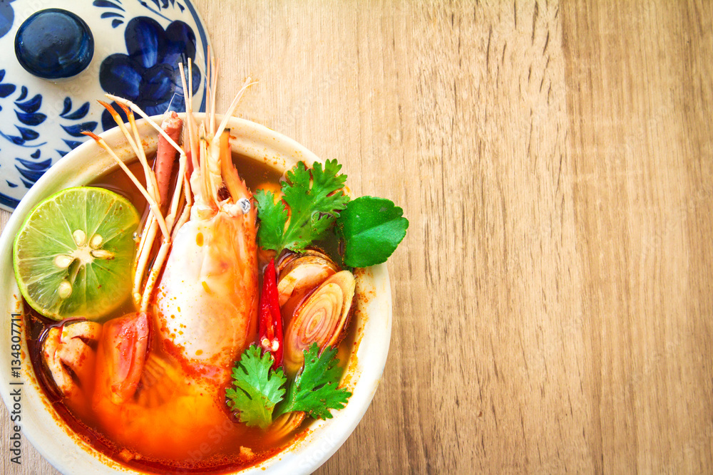 Close up Asian Spicy soup with shrimp in  bowl , famous 