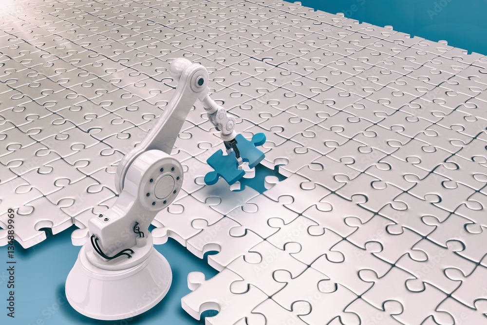 Robot setting up jigsaw puzzles 3d