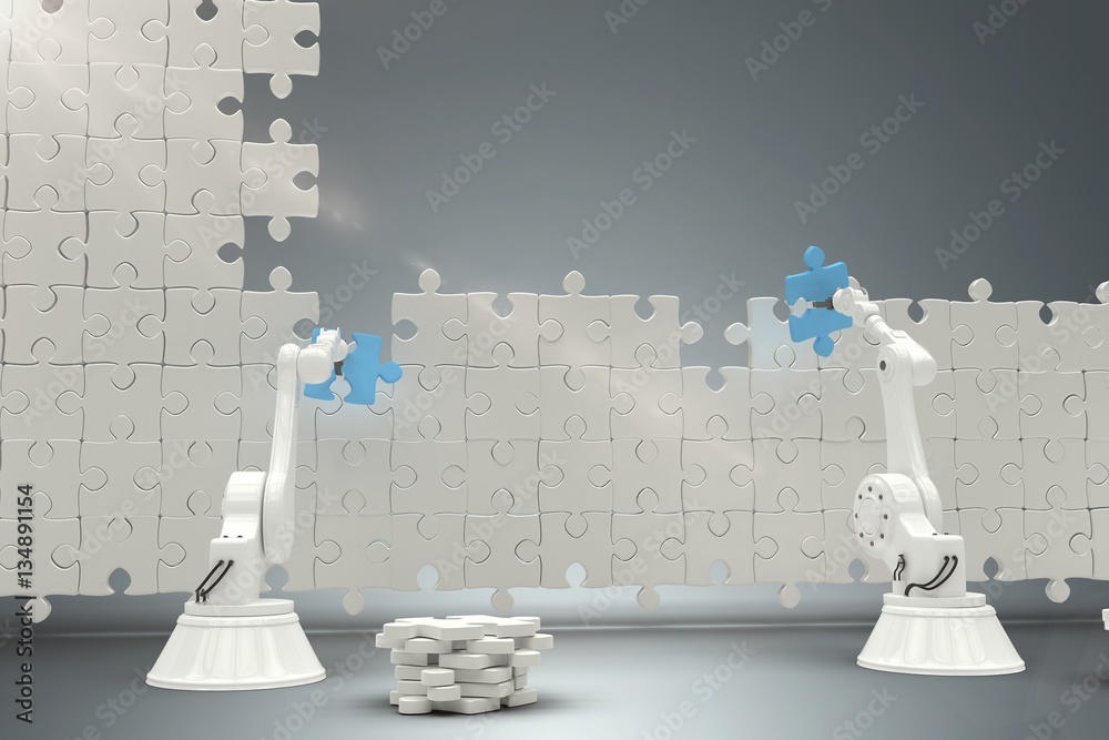 Composite image of robots arranging jigsaw pieces on puzzle 3d