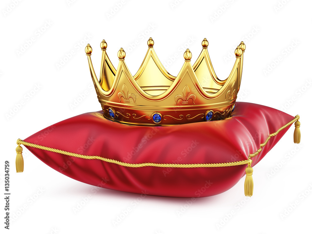 Royal gold crown on red pillow isolated on white. 3d rendering