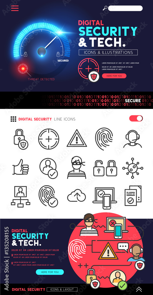 Digital Security and Technology designs with a flat icon set and privacy and cyber safety illustrati
