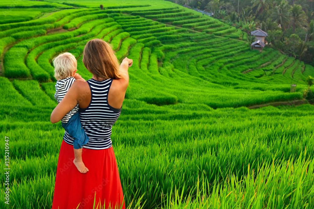 巴厘岛传统田野的美景。大自然漫步在绿色的水稻露台上。快乐的母亲