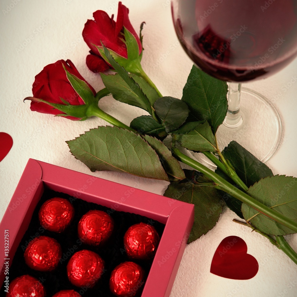 Wine, roses and chocolates