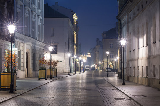 night streets lights in Krakow