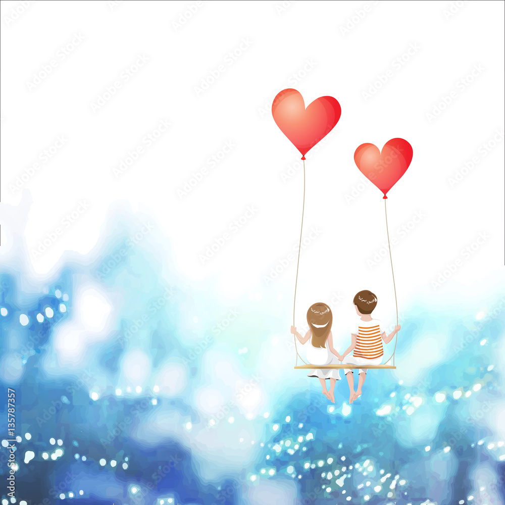 Cartoon lover couple is sitting on red heart balloon swing, being on sky background, Happy Valentine