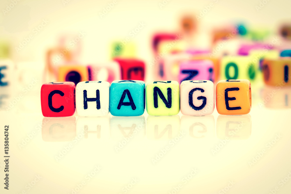 colorful word cube of change on white background ,vintage color