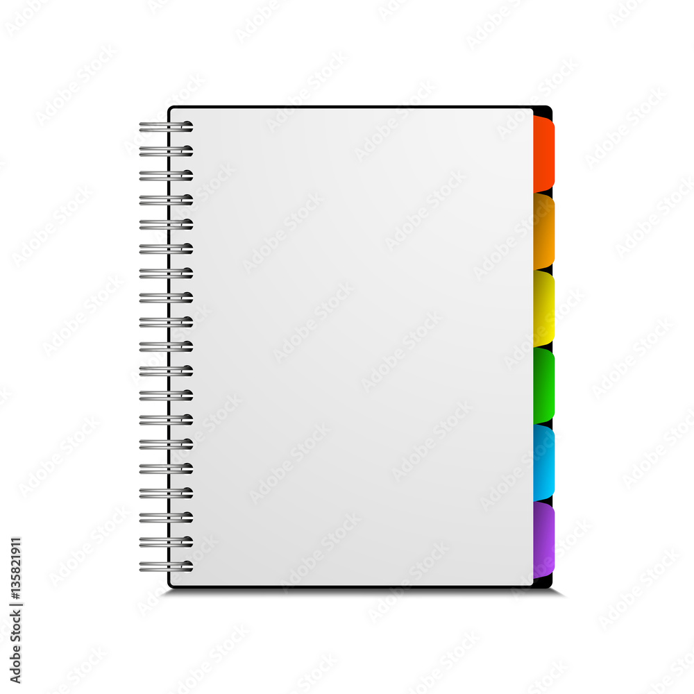 笔记本的矢量模板，带彩色书签，隔离在白色上