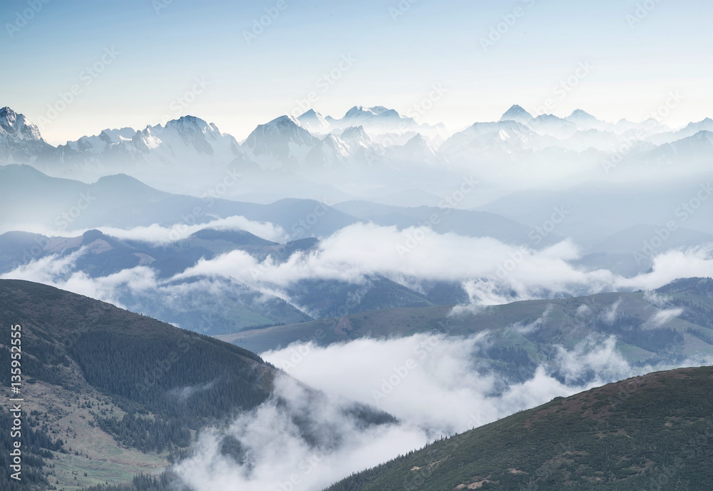 Mountain valley in mist. Natural landscape in the summer time.
