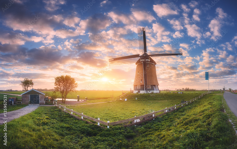 Windmill at sunrise in Netherlands. Traditional dutch windmill, green grass, fence  against colorful