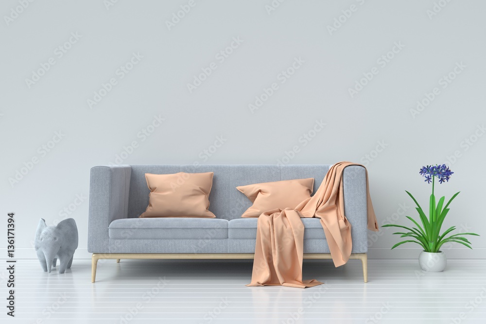 living room with velvet sofa and Elephant statues on empty white wall background. 3D rendering