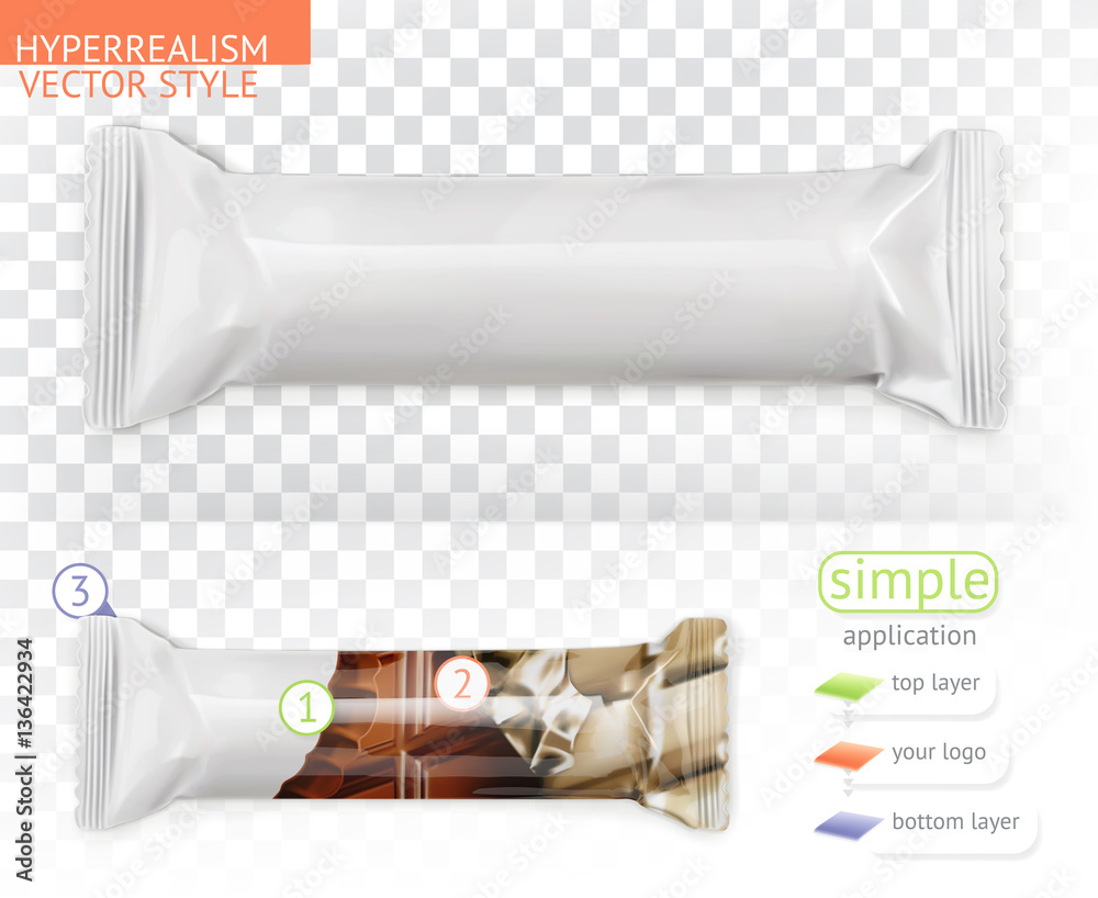 Chocolate bar, white polyethylene packaging. Hyperrealism vector style simple application