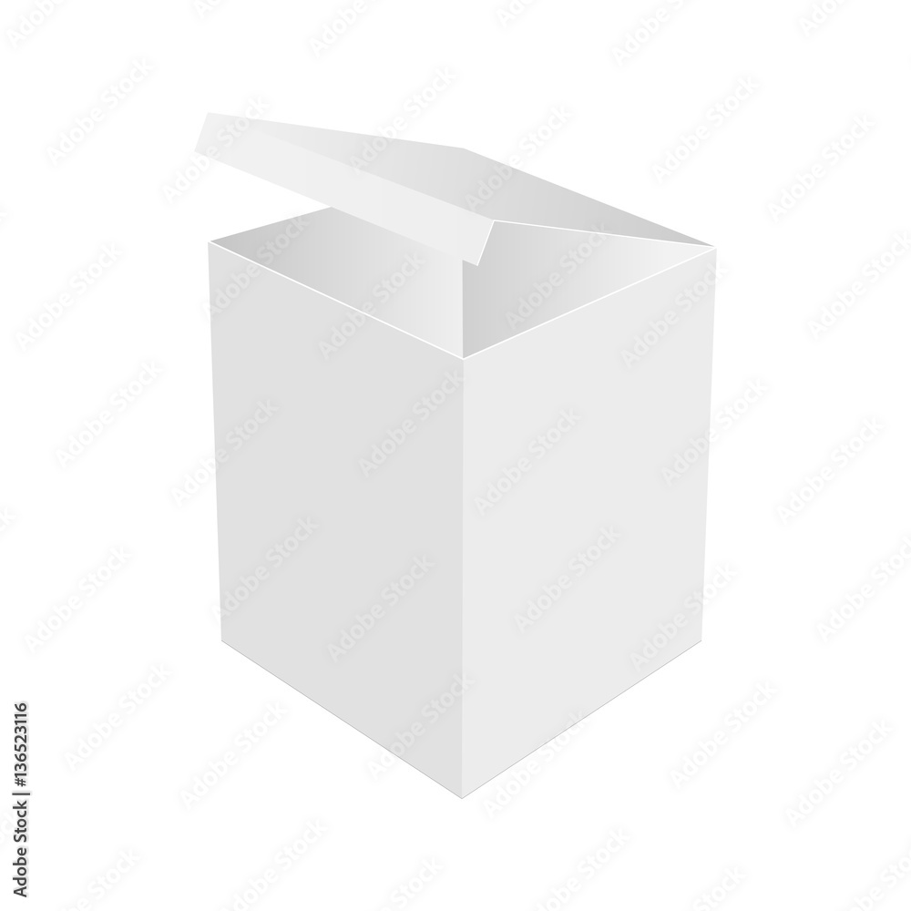 Blank white box with opened cover isolated. Universal mockup for cosmetics, medication products. Vec