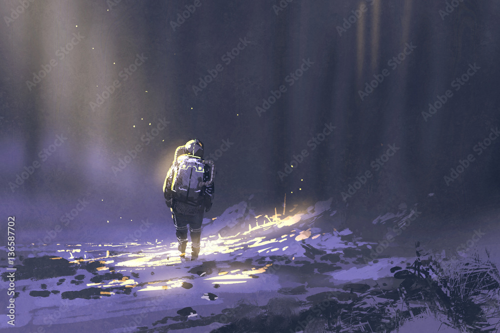 独自一名宇航员在雪地里行走，插图绘画