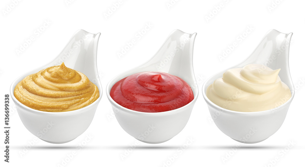 Ketchup, mustard, and mayonnaise sauces in bowl isolated on white background