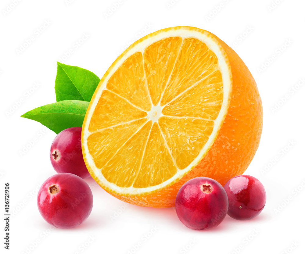 Isolated orange and cranberries. Half of orange fruit and cranberries isolated on white background w