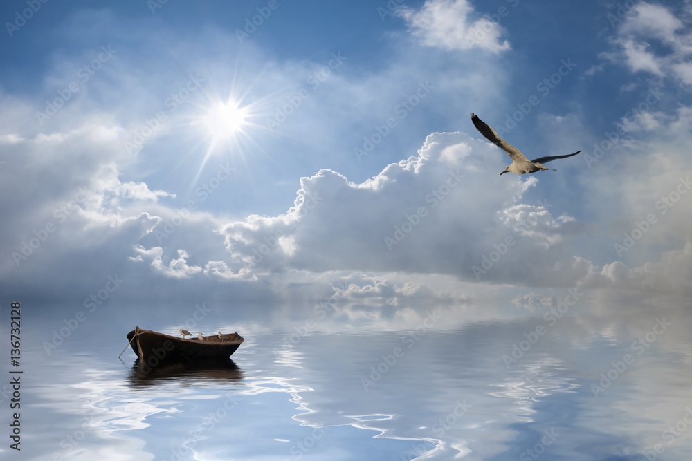 Seascape with boat and birds