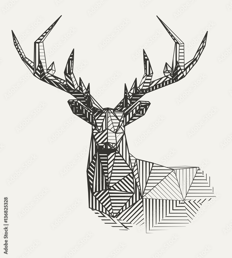 Vector low poly line art. Geometrical reindeer illustration. 