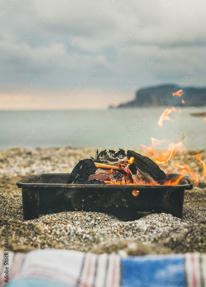 Mangal with burning coal at the sea coast, Alanya, Antalya, Mediterranean Turkey. Picnic or outdoor 