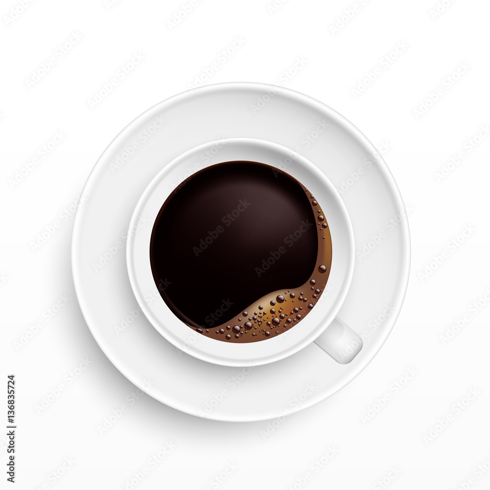 一杯咖啡和茶托，俯视图，逼真的矢量