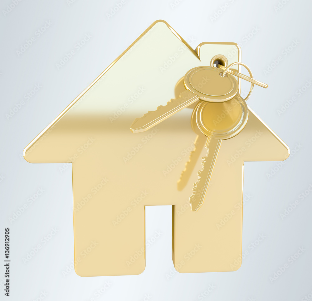 Gold key with house keyring 3D rendering