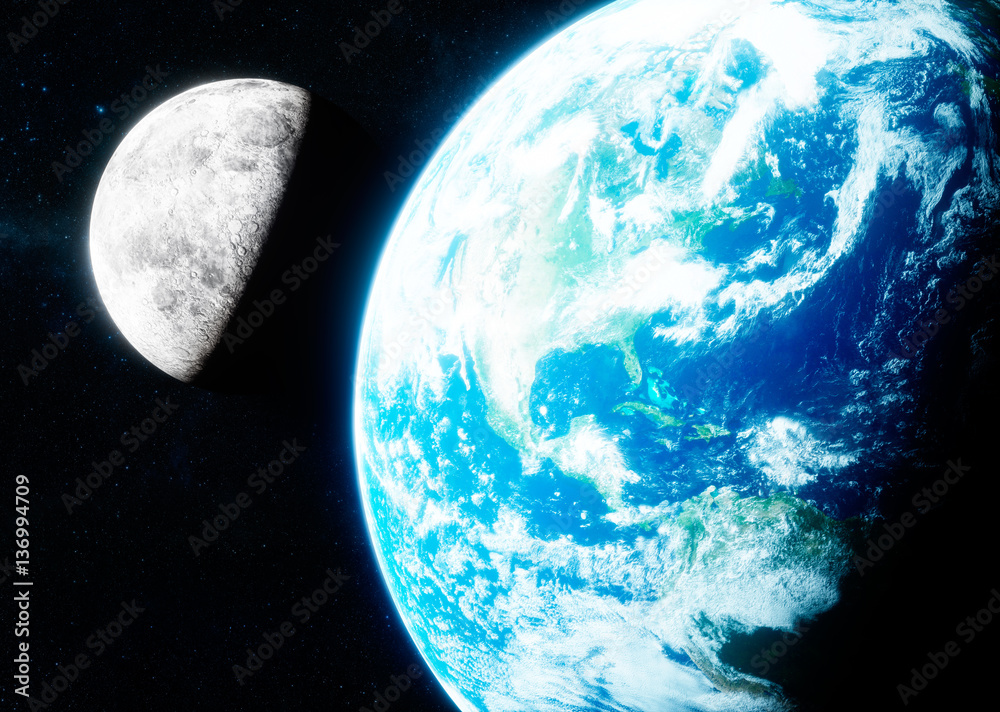 地球和月球的三维真实感渲染。