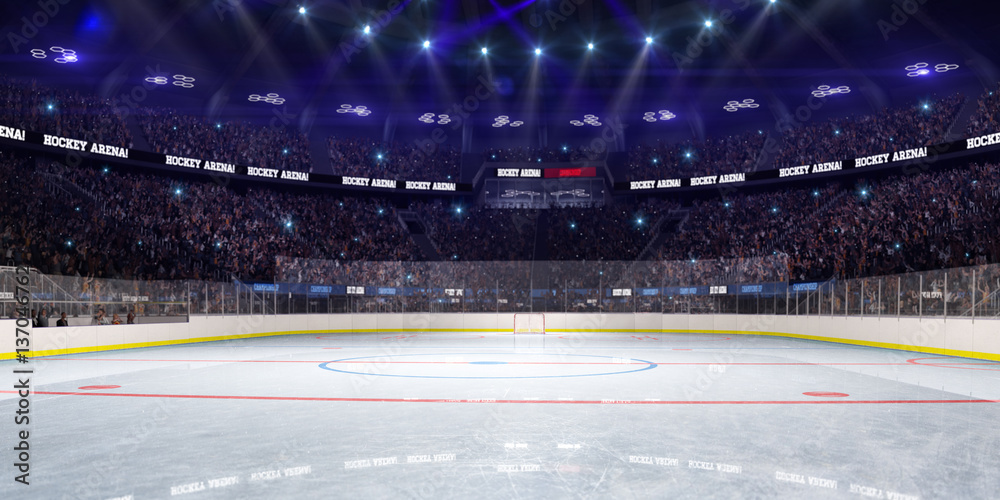 冰球运动场3d渲染，有人、有球迷、有灯光