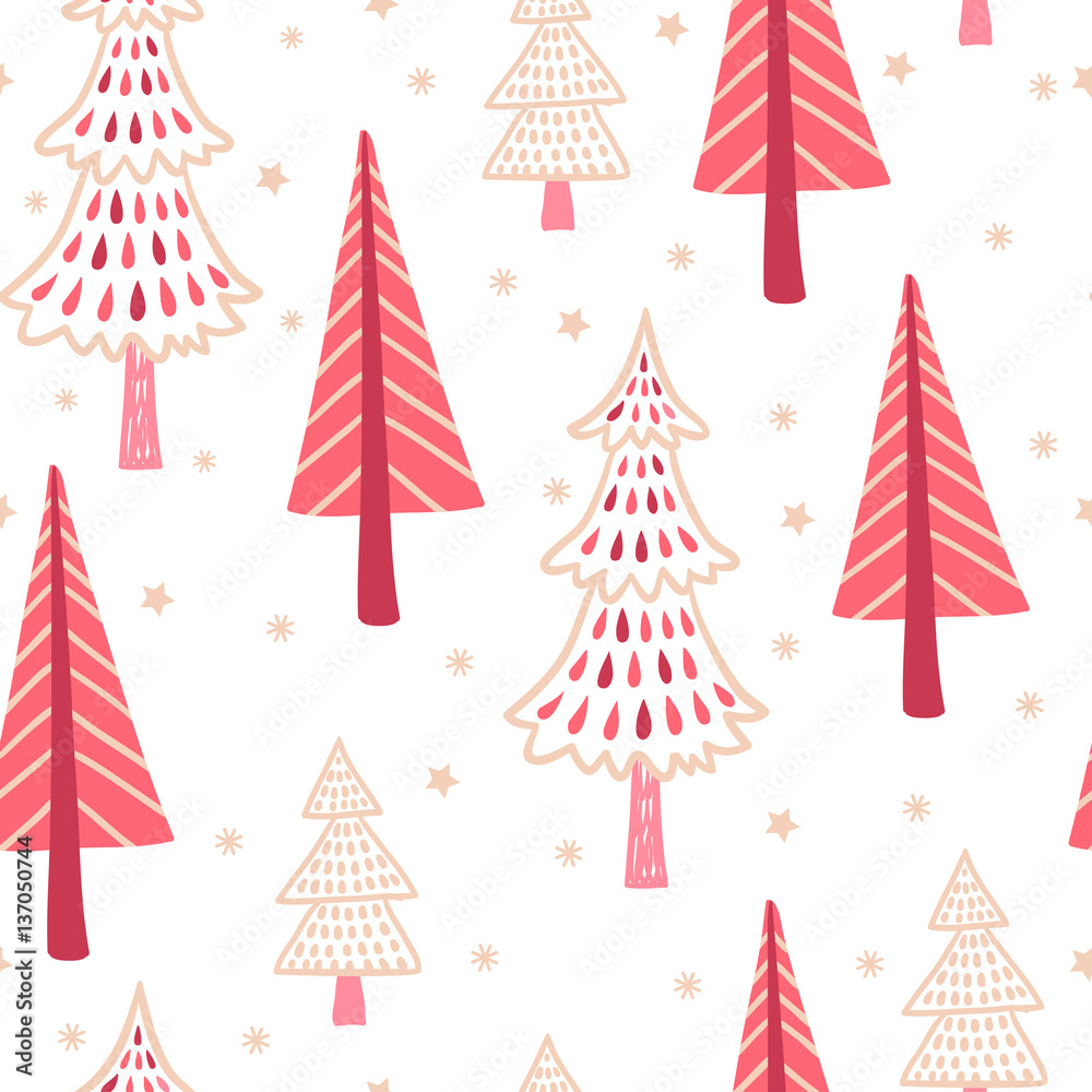 儿童风格的冬季主题无缝矢量插图。冬天的圣诞树。F