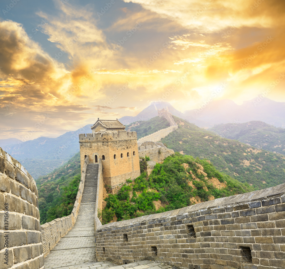 Beautiful and spectacular Great Wall of China at sunset