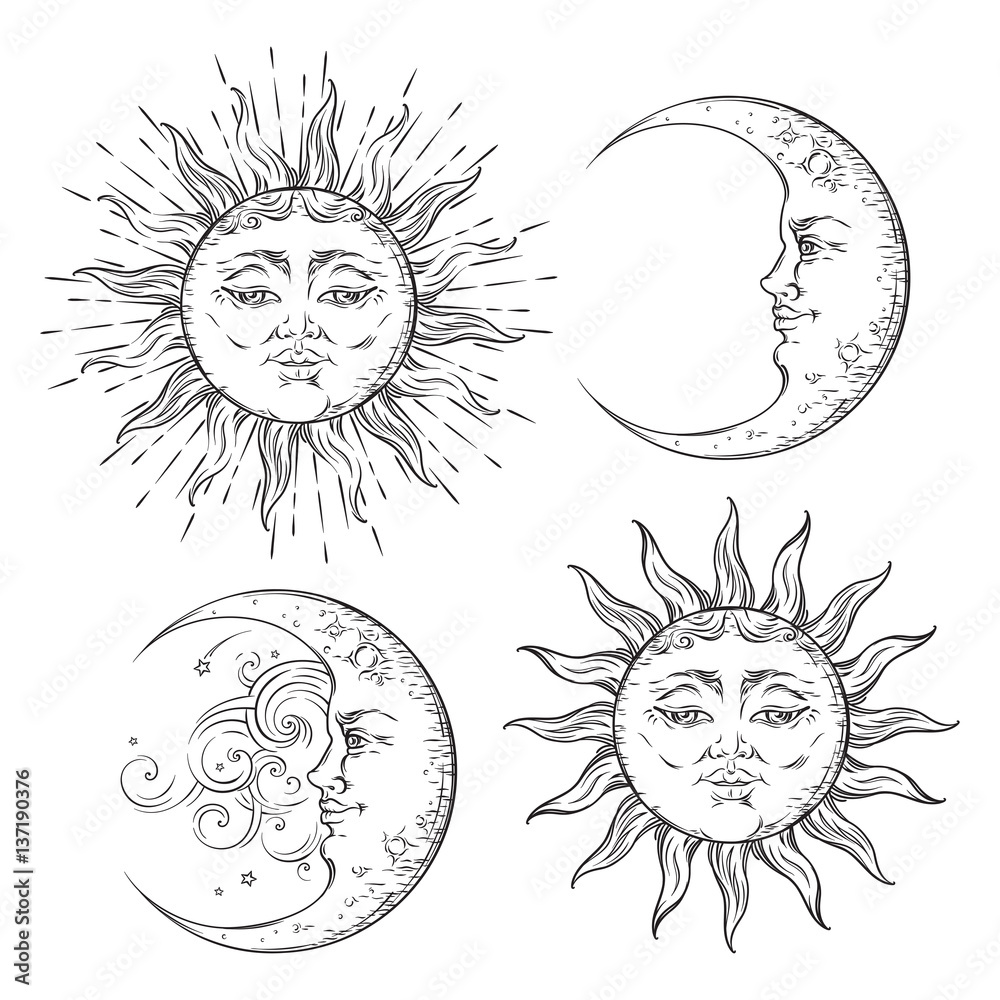 Boho chic flash tattoo design hand drawn art sun and crescent moon set. Antique style sticker design