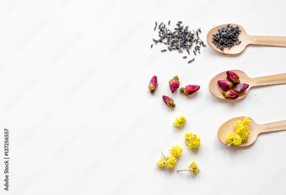 Virious herbs in wooden spoons on white table top view mockup