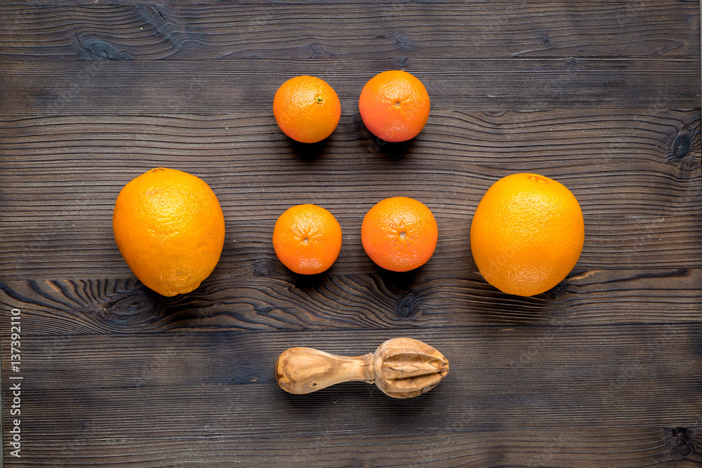fresh oranges on wooden background top view mock up