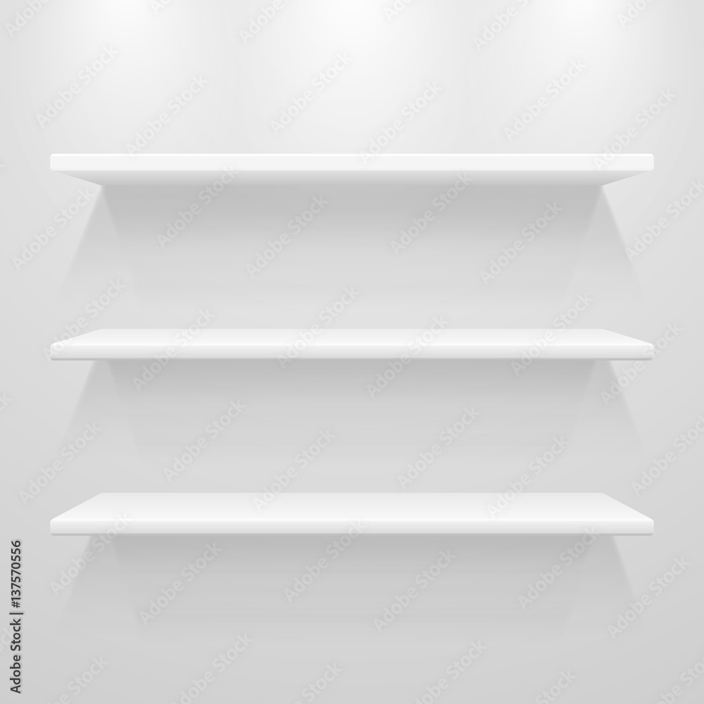 3d vector shelves template on gray wall, vector illustration