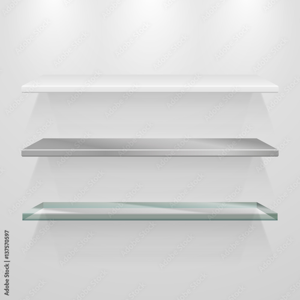 Set of metal, glass and plastic 3d vector shelves on gray wall, vector illustration