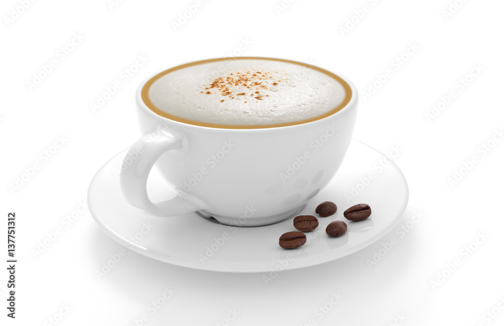 一杯咖啡卡布奇诺，咖啡豆隔离在白色背景上