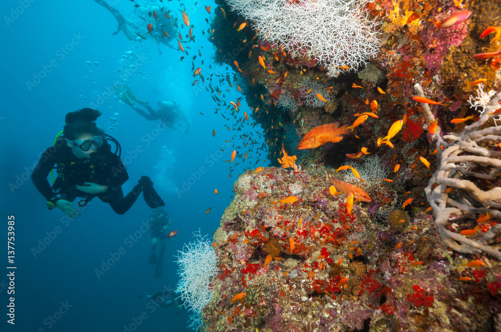 女子水肺潜水员探索海底
