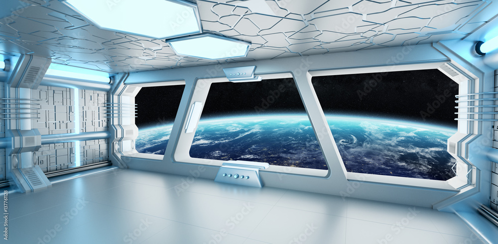 Spaceship interior with view on the planet Earth 3D rendering elements of this image furnished by NA