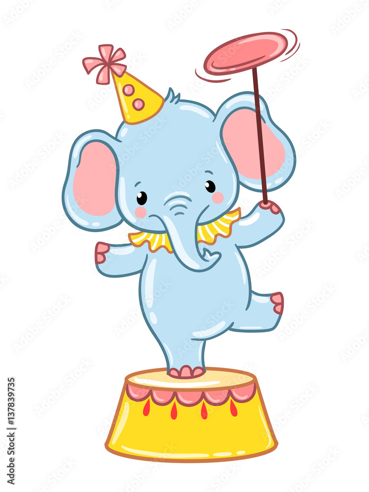 Circus elephant illustration. Circus elephant standing on a circus tub. Vector illustration.