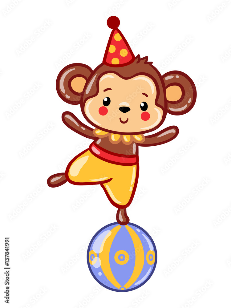 马戏团猴子插图。马戏团生日快乐卡片设计。儿童矢量切割插图