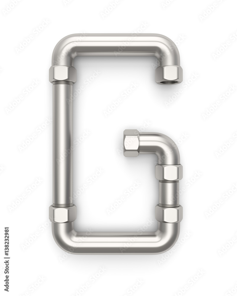 字母表由金属管制成，字母G。3D插图