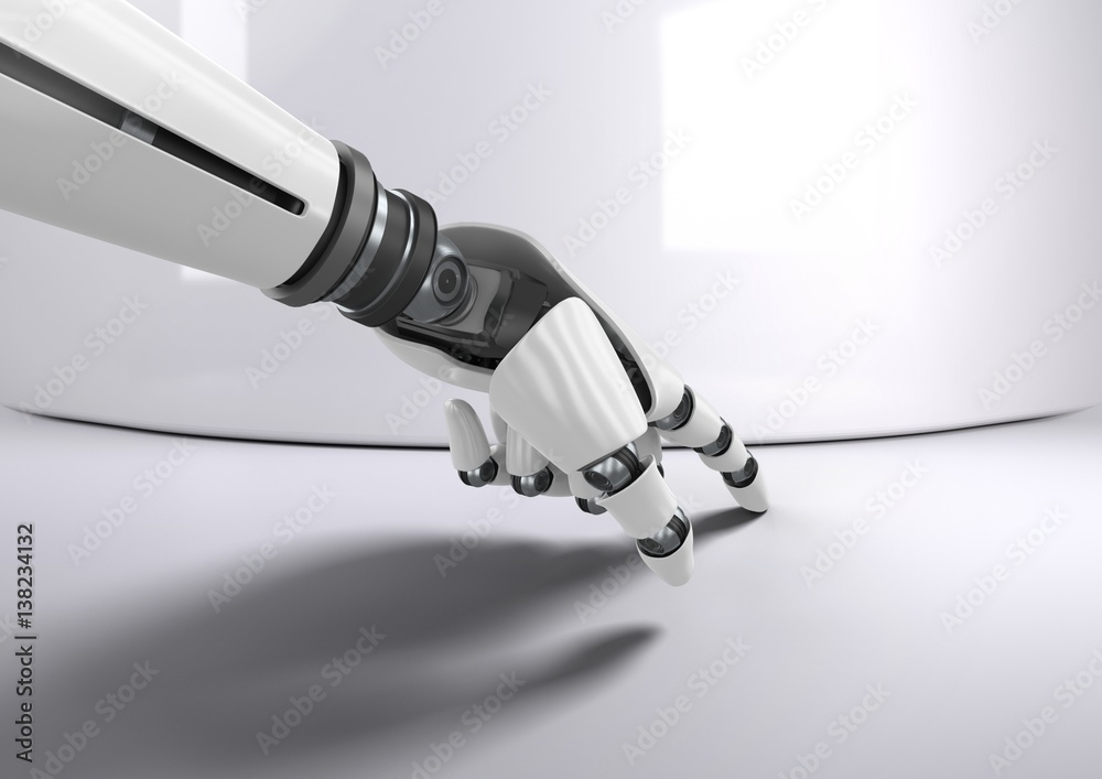 Composite image of robot hand touching white board