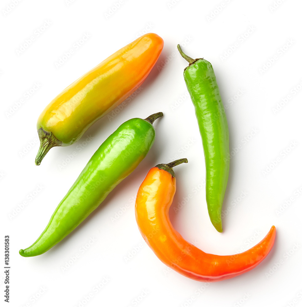 various chili peppers on white background