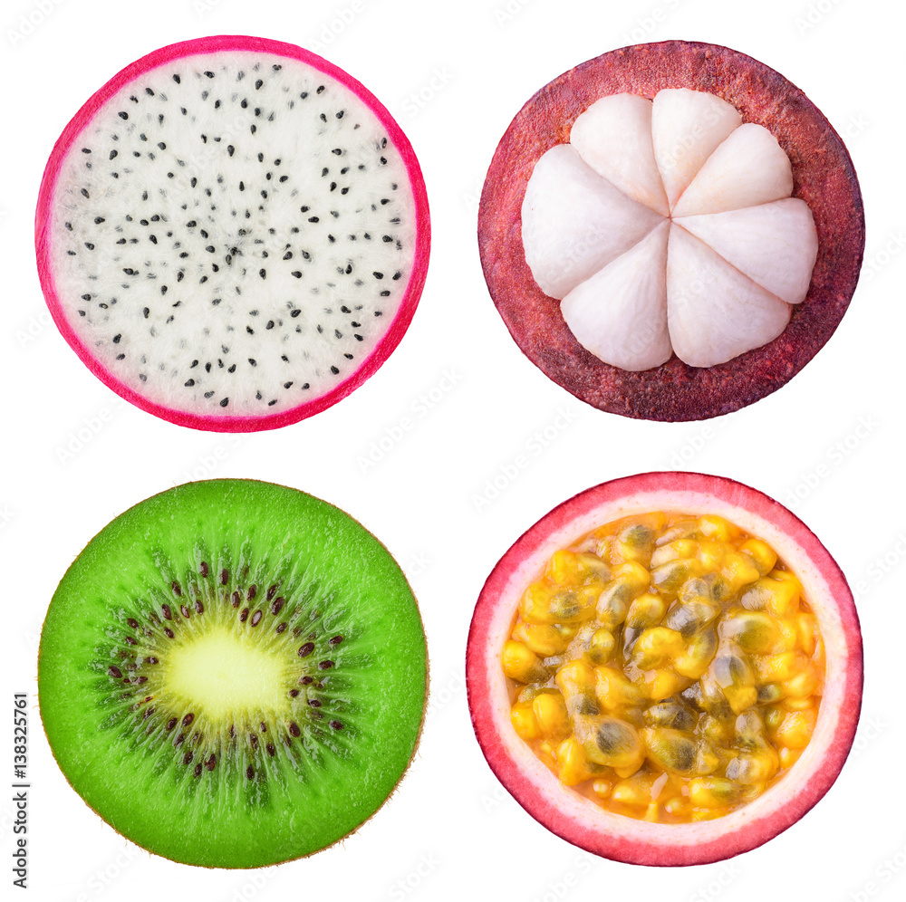 Isolated tropical fruits slices. Pieces of dragonfruit, mangosteen, kiwi and passion fruit isolated 