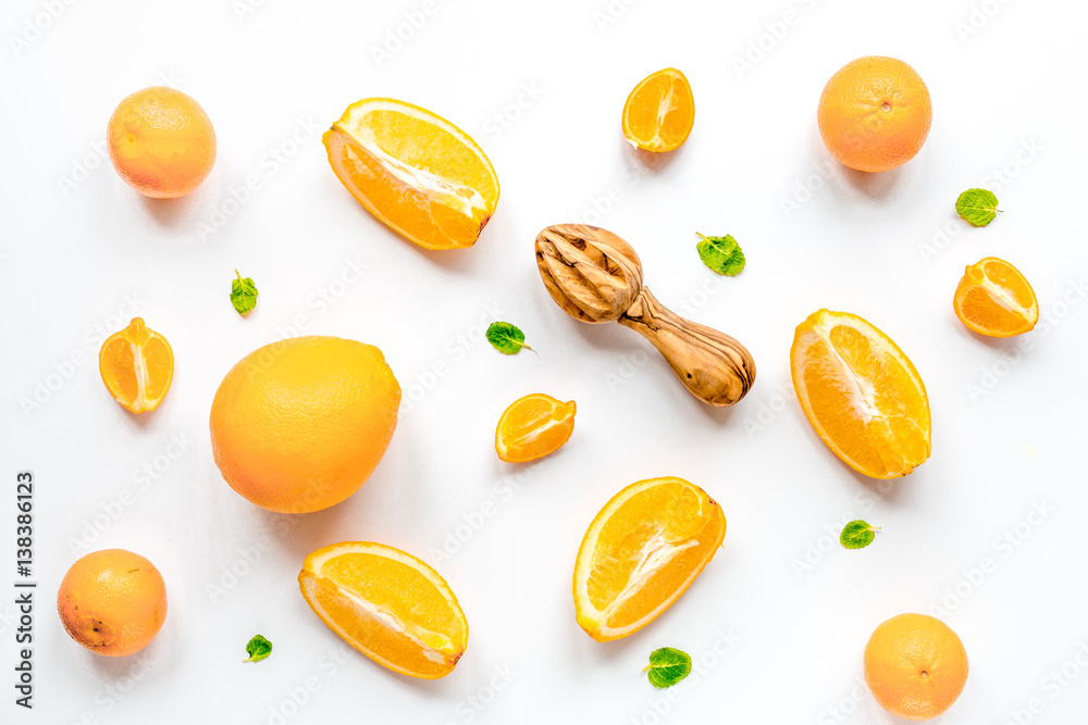 fresh orange fruit on white background top view pattern