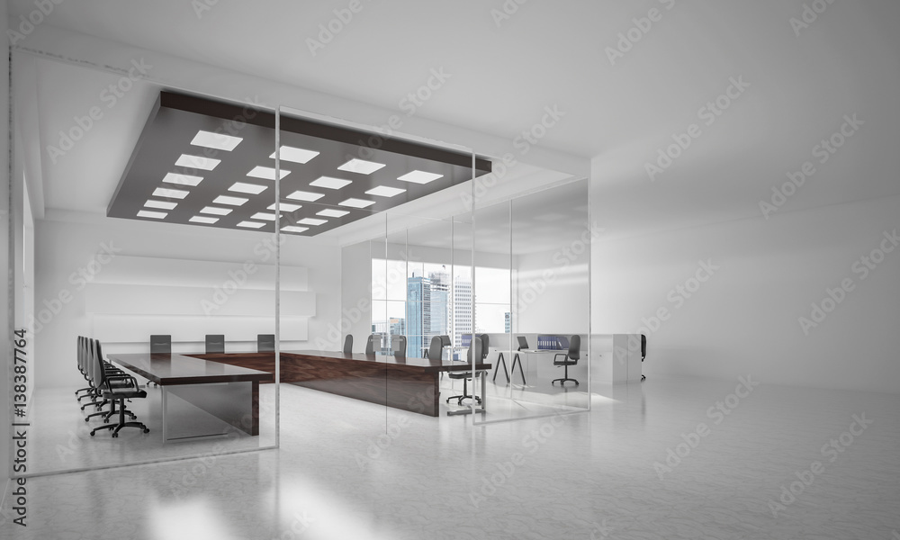 Office interior design in whire color and rays of light from win