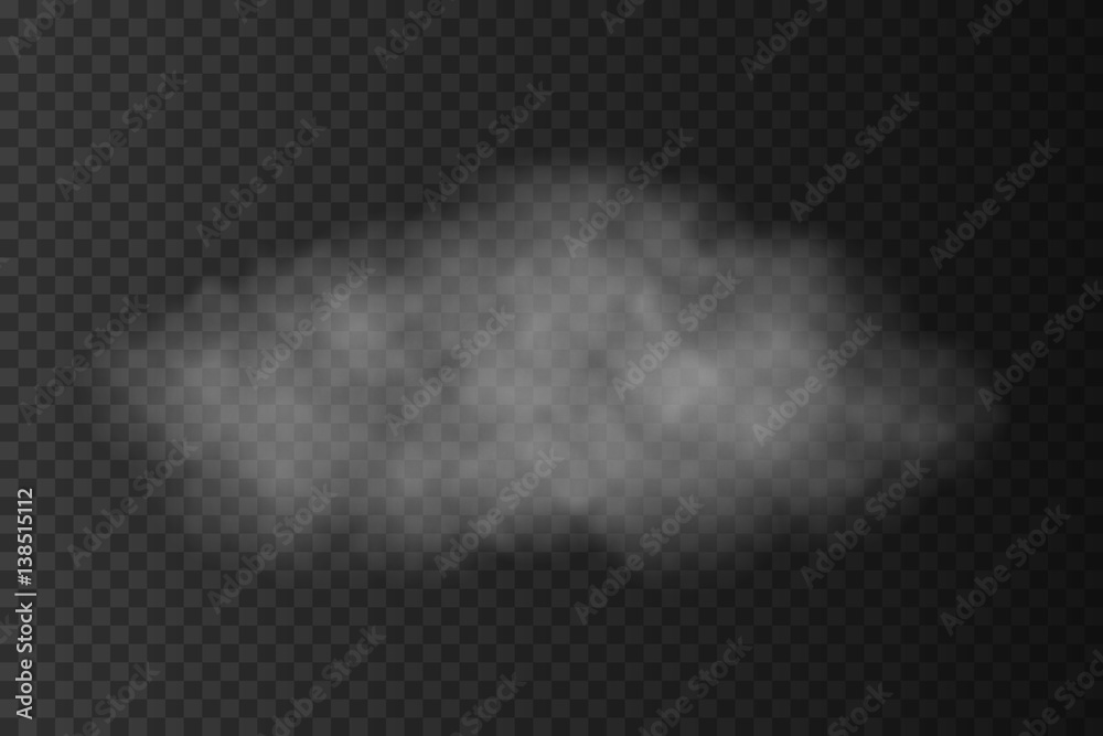 Realistic vector transparent cloud on dark background. Transparent gray steam, fog or smoke