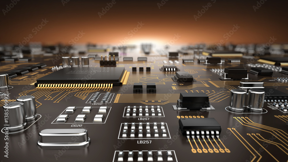 High tech electronic PCB (Printed circuit board) with processor and microchips. 3d illustration