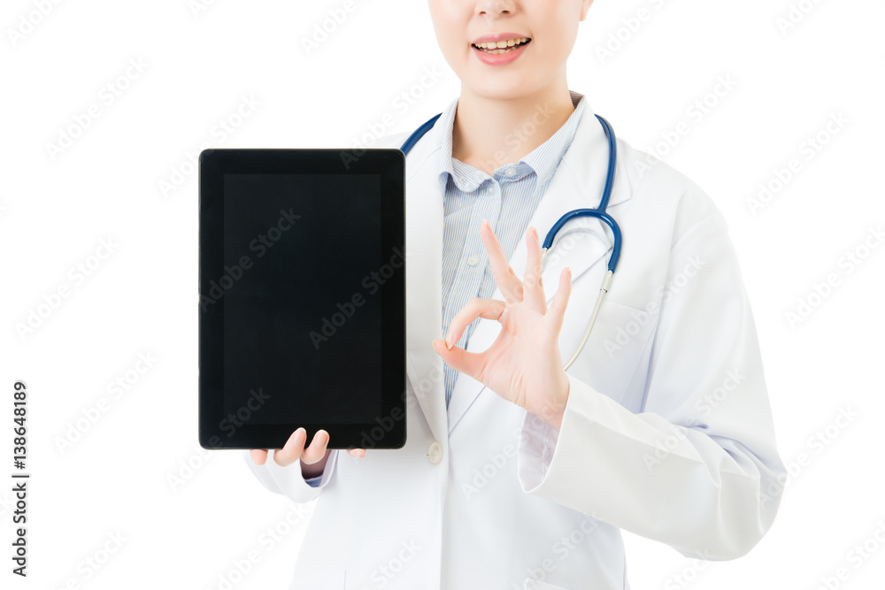 beauty asian doctor using digital tablet pad ok gesture